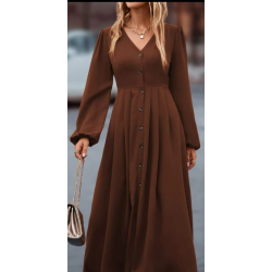 Long Sleeve Buttoned Brown Maxi Dress with V-Neck